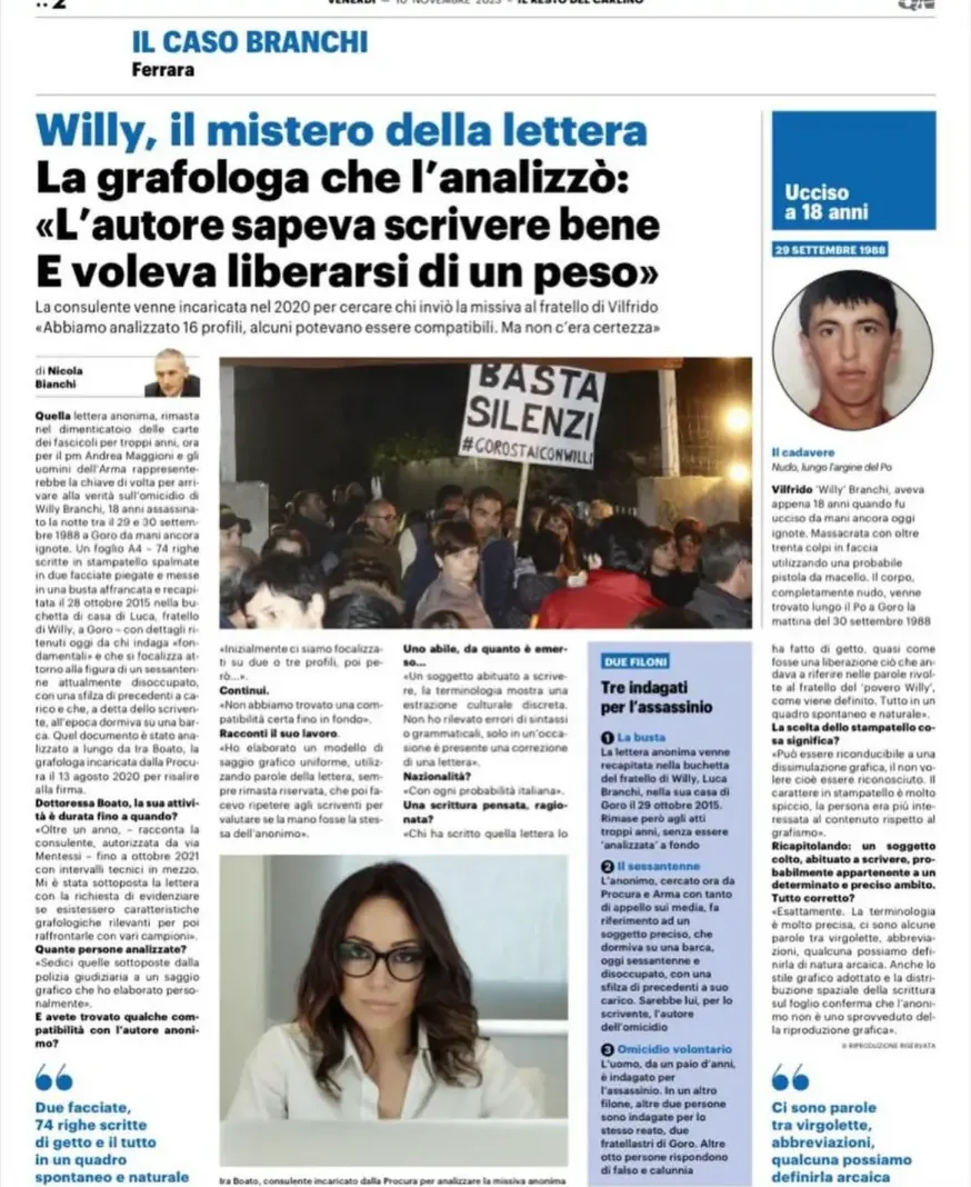 Pagina del Resto del Carlino sul caso Branchi e l'analisi della lettera anonima